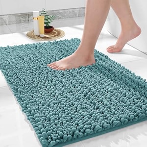 yimobra bathroom rugs non slip washable 32x20 inch - ultra soft absorbent chenille bath mat quick dry shaggy floor carpet for tub shower teal blue home decor accessories