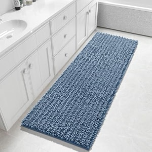 yimobra bathroom runner rug 60x24 inch - extra long non slip chenille bath mat soft amp absorbent machine washable shaggy hallway carpet for vanity tub shower denim blue home decor accessories