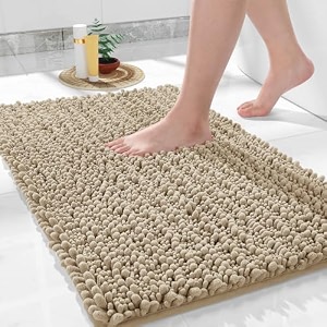 yimobra large bathroom rugs non slip washable 36x24 inch - ultra soft absorbent chenille bath mat quick dry shaggy floor carpet for tub shower camel home decor accessories