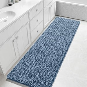 yimobra bathroom runner rug 70x24 inch - extra long non slip chenille bath mat soft amp absorbent machine washable shaggy hallway carpet for vanity tub shower denim blue home decor accessories