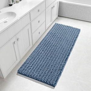 yimobra bathroom runner rug 55x24 inch - extra long non slip chenille bath mat soft amp absorbent machine washable shaggy hallway carpet for vanity tub shower denim blue home decor accessories
