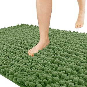 yimobra original luxury chenille bath mat 441 x 24 inches soft shaggy and comfortable large size super absorbent and thick non-slip machine washable perfect for bathroom olive green