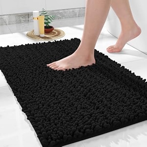 yimobra large bathroom rugs non slip washable 36x24 inch - ultra soft absorbent chenille bath mat quick dry shaggy floor carpet for tub shower black home decor accessories