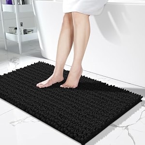 yimobra long bathroom rugs non slip washable 44x24 inch - ultra soft absorbent chenille bath mat quick dry shaggy floor carpet for tub shower black home decor accessories
