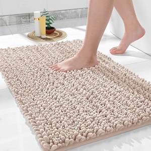 yimobra large bathroom rugs non slip washable 36x24 inch - ultra soft absorbent chenille bath mat quick dry shaggy floor carpet for tub shower pinkish beige home decor accessories