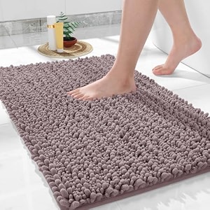 yimobra bathroom rugs non slip washable 32x20 inch - ultra soft absorbent chenille bath mat quick dry shaggy floor carpet for tub shower mauve home decor accessories