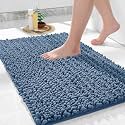 Yimobra Chenille Shaggy Bathroom Rug Mat - Extra Soft Non Slip Absorbent Water Bath Rug, Quick Dry Machine Washable - Bath Mat for Bathroom Floor - 24 x 17 Inches, Rectangular, Denim Blue