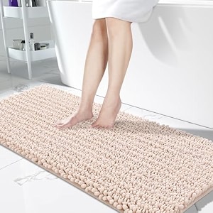 yimobra bathroom runner rug 60x24 inch - extra long non slip chenille bath mat soft amp absorbent machine washable shaggy hallway carpet for vanity tub shower pinkish beige home decor accessories