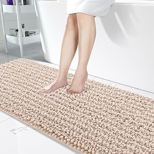yimobra bathroom runner rug 70x24 inch - extra long non slip chenille bath mat soft amp absorbent machine washable shaggy hallway carpet for vanity tub shower pinkish beige home decor accessories