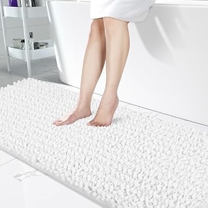 yimobra bathroom runner rug 70x24 inch - extra long non slip chenille bath mat soft amp absorbent machine washable shaggy hallway carpet for vanity tub shower white home decor accessories