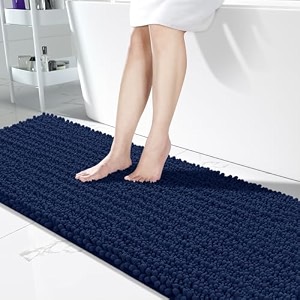yimobra bathroom runner rug 70x24 inch - extra long non slip chenille bath mat soft amp absorbent machine washable shaggy hallway carpet for vanity tub shower navy blue home decor accessories