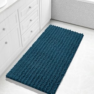 yimobra long bathroom rugs non slip washable 44x24 inch - ultra soft absorbent chenille bath mat quick dry shaggy floor carpet for tub shower peacock blue home decor accessories