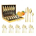 Yindella 24 PCS Gold Plated Cutlery Set Luxury Stainless Steel Golden Dinnerware with Spoons Forks Knives Premium Gold Dinner Set for Home Kitchen