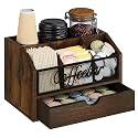 YINMIT Coffee Station Organizer with Drawer for Countertop, Wood Coffee Bar Organizer with Removable Dividers for Pods, Syrup, Cups, Stirrer, Tea, Iron Mesh-Vintage Brown, 2 Tier