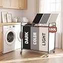 YKDIRECT 180L Laundry Hamper with Wheels and Lid, 3 Section Laundry Sorter