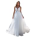 YMFFW Boho Wedding Dresses for Bride 2024 A Line Tulle Lace Wedding Gowns Plus Size Beach Bride Dresses