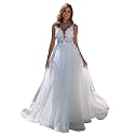 YMFFW Boho Wedding Dresses for Bride 2024 A Line Tulle Lace Wedding Gowns Plus Size Beach Bride Dresses