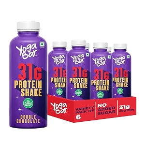 yogabar 31g double chocolate protein shake 6 bottles- 31g protein per serve no added sugar - low fat high calcium ready-to-drink milkshake  250ml bottle pack of 6