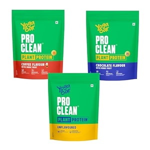 yogabar pro clean plant protein powder  chocolate  coffee  unflavoured  with monk fruit  vegan gluten-free no added sugar  3 x 500g