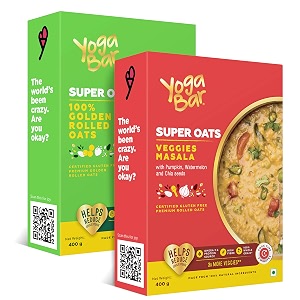 yogabar veggie masala flavour and 100 rolled super oats combo pack 400gm each