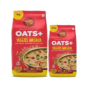yogabar veggie masala oats combo  veggie masala oats 1kg veggie masala oats 400g  masala oats with 3x more veggies pumpkin watermelon and chia seeds that helps reduce cholesterol