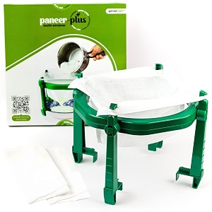 paneerplus paneer maker amp curd strainer with foldable stand and muslin cloth yogurt strainer hung curd maker greek yogurt maker  food grade fast drainage zero plastic contact 2 cloth  1 stand