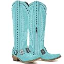 Yolkomo Cowboy Boots for Women Knee High Western Cowgirl Boots with Embroidery Belt Buckle Chains