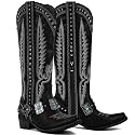 Yolkomo Cowboy Boots for Women Knee High Western Cowgirl Boots with Embroidery Belt Buckle Chains