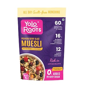 yolo roots berry blast muesli 400gm  blueberry strawberry cranberry amp cherry  mixed with nuts seeds amp whole grains sweetened with date syrup  healthy breakfast cereal