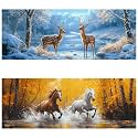 Yomiie 2 Pack Large Diamond Art Kits for Adults, Deers & Horses Diamond Painting Art Animals DIY Full Round Drill Kits, Rhinestone Diamond Crystal Craft Canvas Home Wall Decor 31.5x11.81 inch