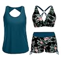 Yonique 3 Piece Tankini Swimsuits for Women Swim Tank Top Bathing Suits with Boy Shorts and Bra Athletic Swimwear