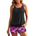 Yonique Ribbed Blouson Tankini with Pockets Shorts Athletic Swimsuit