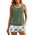 Yonique Ribbed Blouson Tankini with Pockets Shorts Athletic Swimsuit