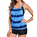 Yonique Two Piece Tankini Swimsuit T-Back Blouson Tankini with Shorts