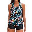 Yonique Two Piece Tankini Swimsuit T-Back Blouson Tankini with Shorts