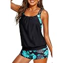 Yonique Two Piece Tankini Swimsuit T-Back Blouson Tankini with Shorts