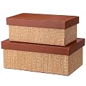 Yookeer 2 Pcs Woven Storage Basket Box with Faux Leather Lid, 2 Size