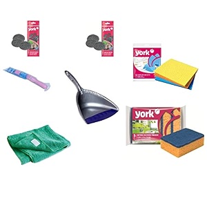 york kharata broom  sponge wipes 3 pcs  kitchen scouring sponge premium 5 pcs  dust pan  steel mesh scrubber mega 2 pc  microfiber floor cloth power collect combo_5_ct