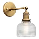 Yosoan Brass Gold Boho Vintage Wall Sconce with Striped Bowl Shade, 1-Light Modern Vanity Industrial Wall Mounted Hardwired Texture Glass Shade for Living Room Bedroom Fireplace Hallway(Antique)