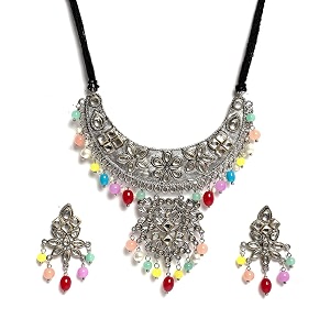 youbella jewellery oxidised silver necklace jewellery set with earrings for girls and women
