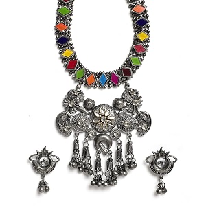 youbella jewellery oxidised silver necklace jewellery set with earrings for girls and women