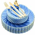 YOUBET 125PCS Clear Blue Gold Plastic Plates - Blue Disposable Plates With Gold Rim Include 25 Dinner Plates 25 Dessert Plates 75 Golden Silverwares for Wedding Birthday &amp; Parties