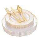 YOUBET 125PCS Clear Gold Plastic Plates for Thanksgiving Party Wedding