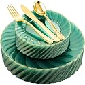 YOUBET 125PCS Clear Green Plastic Plates with Gold Rim for Wedding Party