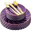 YOUBET 125PCS Clear Purple Plastic Plates with Gold Rim for Wedding