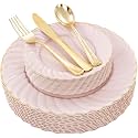 YOUBET 125PCS Pink Plastic Plates with Gold Rim for Wedding Birthday Party