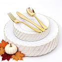 YOUBET 125PCS White and Gold Plastic Plates for Wedding and Thanksgiving