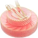 YOUBET 125Pieces Clear Pink Plastic Plates with Gold Rim - Gold Plastic Silverware Include 25 Dinner Plates 25 Dessert Plates 75 Golden Silverwares for Wedding Birthday &amp; Parties Easter Mothers Day