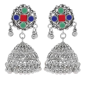 young amp forever traditional oxidised silver jhumka earrings with green and blue enamel red square centre dome shape with hanging bells