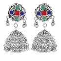 Young & Forever Traditional Oxidised Silver Jhumka Earrings with Green and Blue Enamel, Red Square Centre, Dome Shape with Hanging Bells